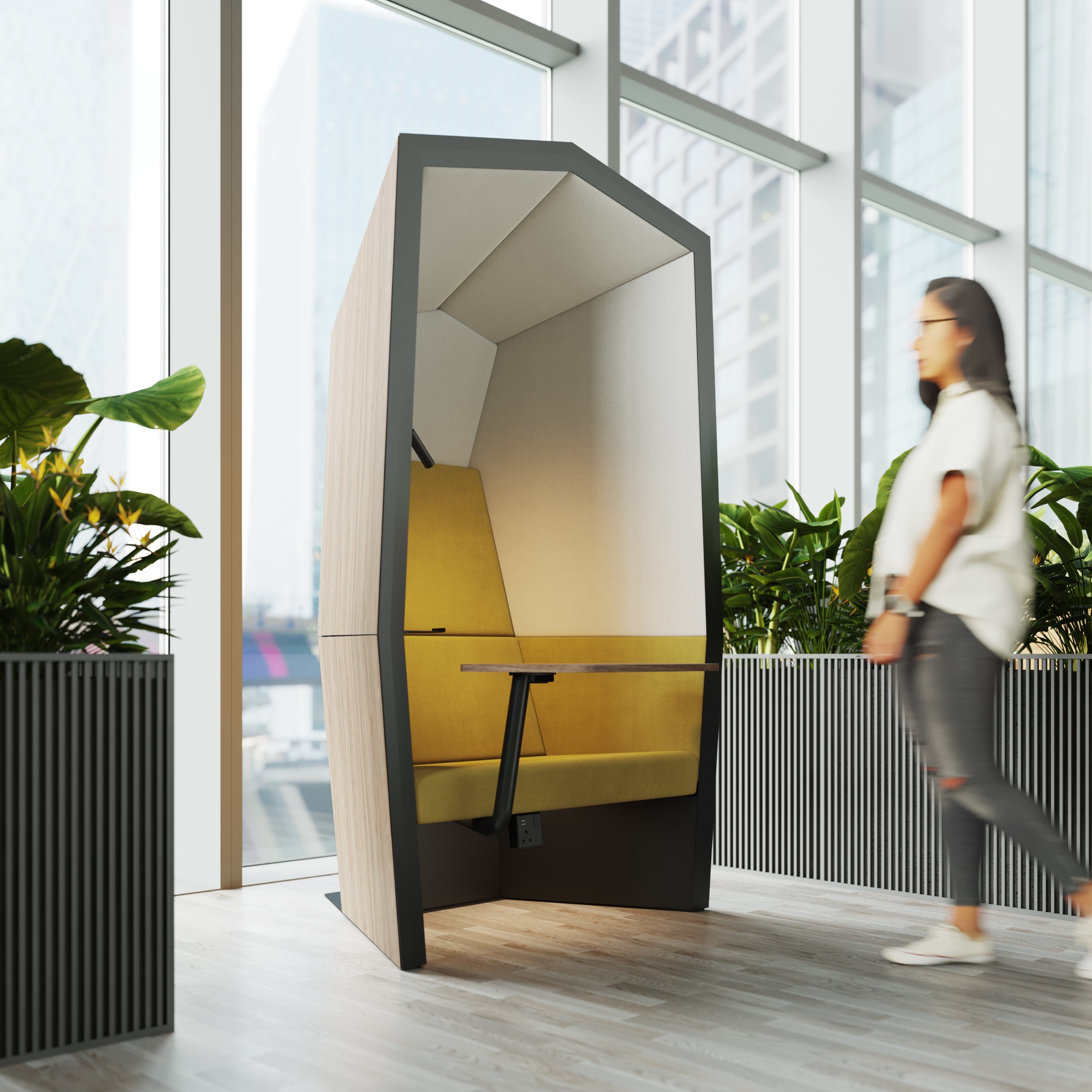 a single privacy office pod with a person about to enter