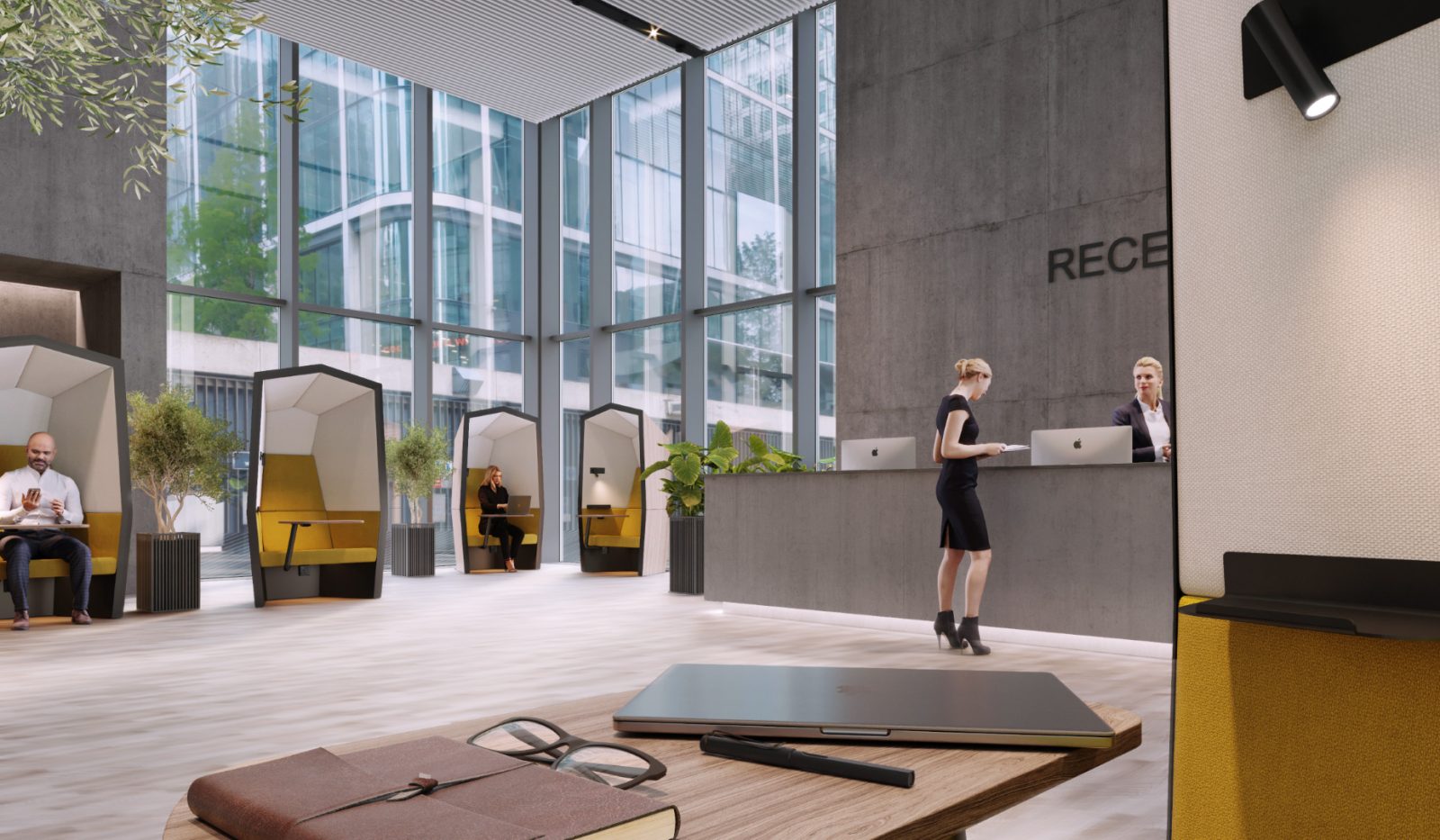 office privacy pods in a main entrance of an office building