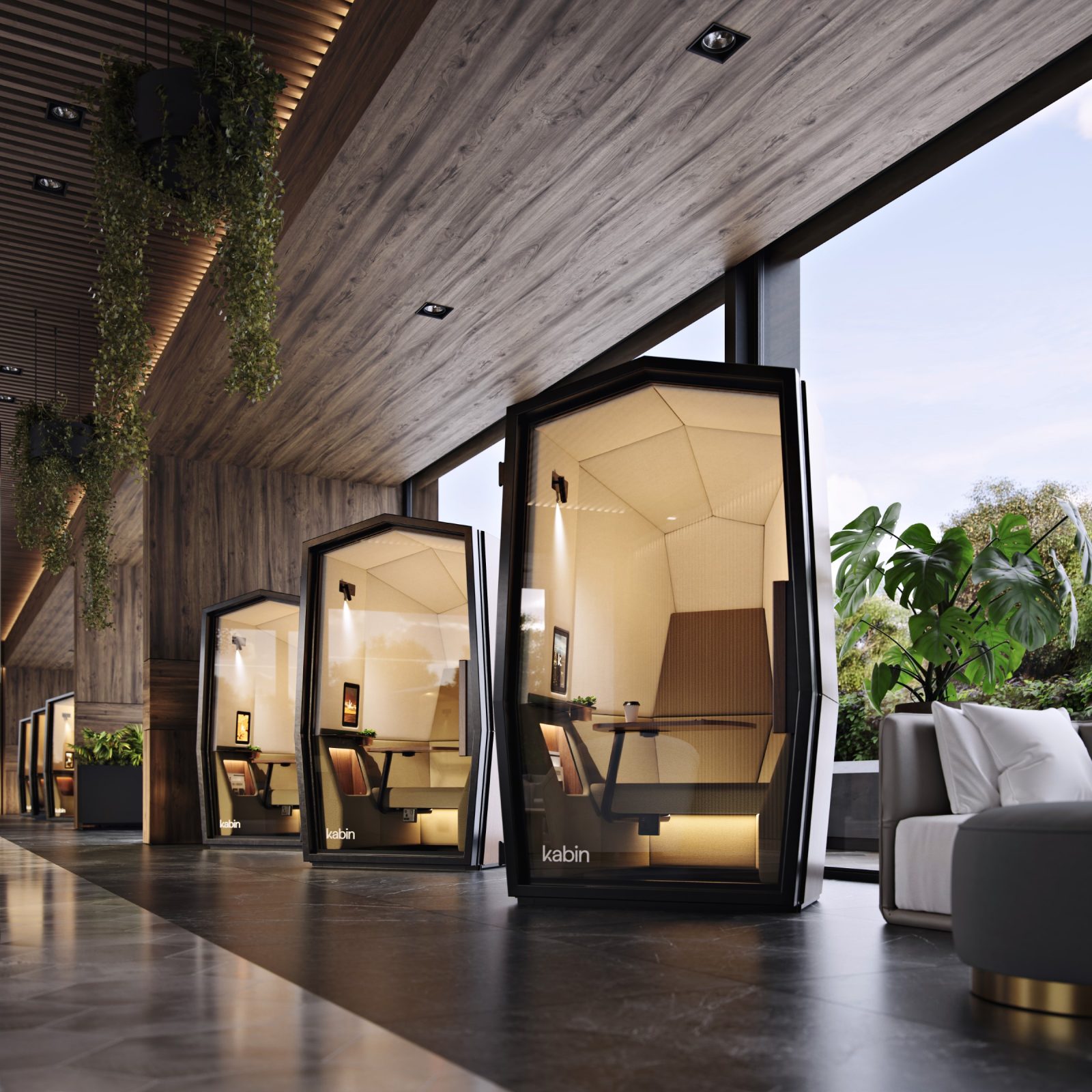 a front on view of a row of office privacy pods